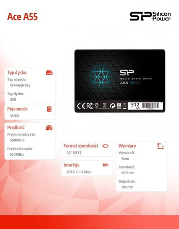SILICON POWER DYSK SSD ACE A55 512GB 2,5" SATA3 560/530 MB/S 7MM