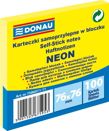 KARTECZKI SAMOPRZYLEPNE 76X76MM DONAU NEON ŻÓŁTE 100KART