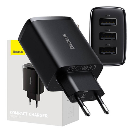 ŁADOWARKA SIECIOWA BASEUS COMPACT QUICK CHARGER, 3X USB, 17W (CZARNA)