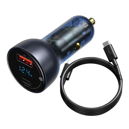 Ładowarka samochodowa Baseus Particular Digital Display z wyświetlaczem, USB + USB-C, QC3.0+PD, 5A, 65W (szara) + kabel USB-C 1m 100W (czarny)