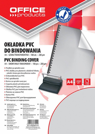 FOLIA DO BINDOWANIA A4 OFFICE PRODUCTS PRZEZROCZYSTA SZARA 200MIC 100 SZT