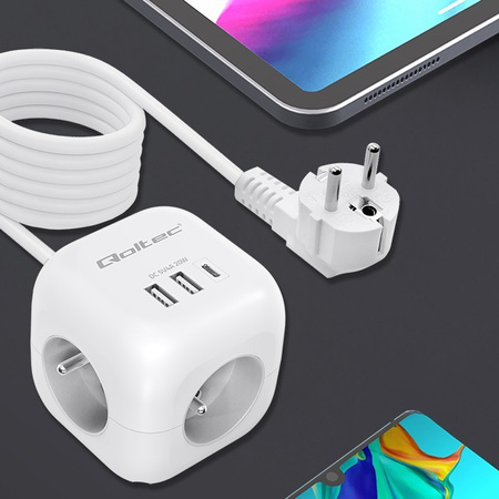 QOLTEC KOSTKA ZASILAJĄCA PRZEDŁUŻACZ 6W1 Z PODŚWIETLANYM WŁĄCZNIKIEM |  3X AC | 2X USB | 1X USB-C PD 20W | BIAŁA | KABEL 2M