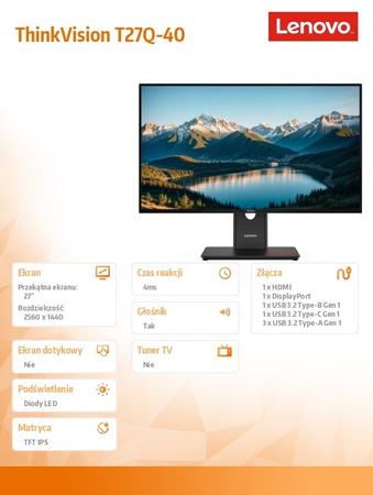 Lenovo Monitor ThinkVision 27.0 T27Q-40 WLED LCD 64A6ZAT6EU