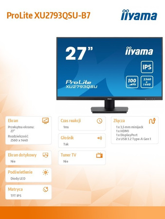 IIYAMA MONITOR 27 CALI XU2793QSU-B7 IPS,QHD,100HZ,HDMI,DP,300CD