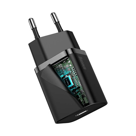 ŁADOWARKA SIECIOWA BASEUS SUPER SI QUICK CHARGER 1C 20W Z PRZEWODEM USB-C DO LIGHTNING 1M (CZARNA)