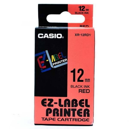 CASIO ORYGINALNY TAŚMA DO DRUKAREK ETYKIET, CASIO, XR-12RD1, CZARNY DRUK/CZERWONY PODKŁAD, NIELAMINOWANY, 8M, 12MM