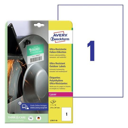 ETYKIETY SAMOPRZYLEPNE 210X297MM DO UŻYTKU ZEWNĘTRZNEGO AVERY ZWECKFORM ULTRA RESISTANT L7917-10 BIAŁE 10ARK*1SZT