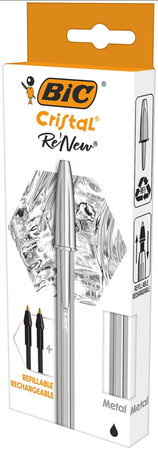 DŁUGOPIS BIC CRISTAL RE'NEW METAL 997201 CZARNY 1.0MM MATOWA SREBRNA OBUDOWA + 2 WKŁADY