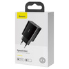 ŁADOWARKA SIECIOWA BASEUS SPEED MINI QUICK CHARGER, USB-C, PD, 3A, 20W (CZARNA)