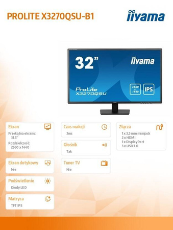 IIYAMA MONITOR 32 CALE X3270QSU-B1 IPS,WQHD,HDMI,DP,100HZ,250CD,3MS,2X2W, 3XUSB(3.2),FLICKERFREE,VESA