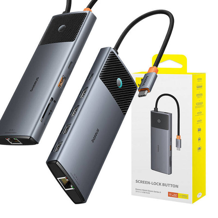 ADAPTER HUB 10W1 BASEUS 2X HDMI, USB-C, 3XUSB-A+RJ45+SD/TF, PD (SZARY)