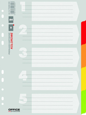 PRZEKŁADKI A4 OFFICE PRODUCTS MIX KOLORÓW KARTON 170G/M² 5KART