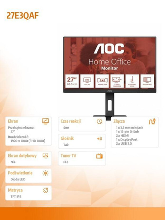 AOC MONITOR 27E3QAF 27 CALI IPS HDMI DP PIVOT GŁOŚNIKI