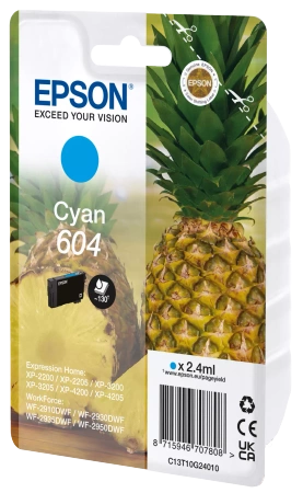 EPSON ORYGINALNY INK / TUSZ C13T10G24010, T10G240, 604, CYAN, 2.4ML, EPSON XP-2200, XP-3200, XP-4200, WF-2930DWF, WF-2950DWF
