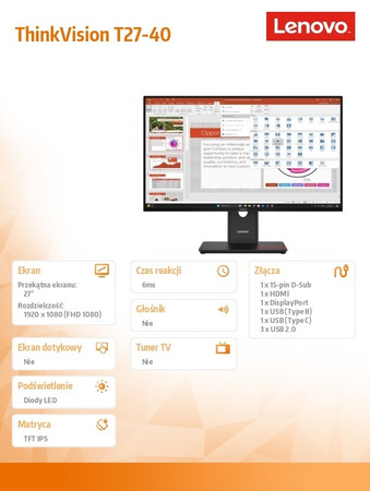 Lenovo Monitor ThinkVision T27-40 27 cali 64A5MAT6EU