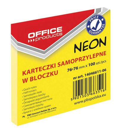 KARTECZKI SAMOPRZYLEPNE 76X76MM OFFICE PRODUCTS NEONOWE ŻÓŁTE 100KART