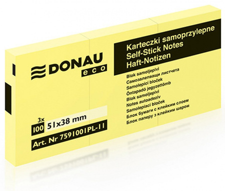 KARTECZKI SAMOPRZYLEPNE 38X51MM DONAU ECO JASNO ŻÓŁTE 3X100KART