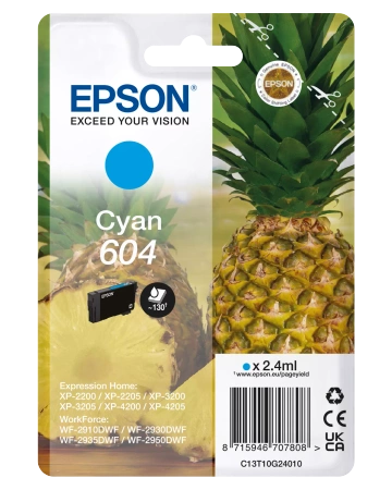 EPSON ORYGINALNY INK / TUSZ C13T10G24010, T10G240, 604, CYAN, 2.4ML, EPSON XP-2200, XP-3200, XP-4200, WF-2930DWF, WF-2950DWF