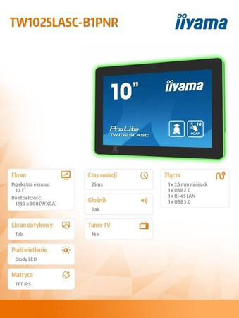 IIYAMA MONITOR 10 CALI TW1025ALASC B1PNR,10 PUNKTÓW DOTYKOWYCH IPS WIFI