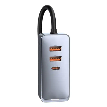 Ładowarka samochodowa Baseus Share Together z przedłużaczem, 3x USB, USB-C, 120W (szara)