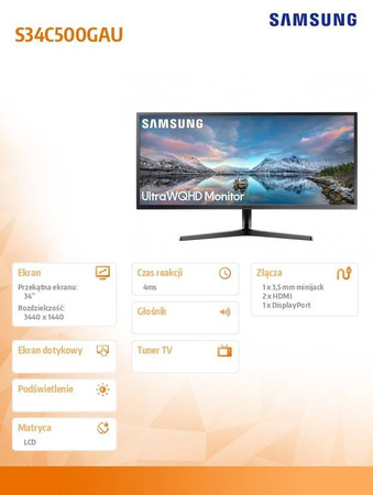 SAMSUNG MONITOR 34 CALE LS34C500GAUXEN VA 3440X1440 ULTRA WQHD 21:9 FORMAT KINOWY 2XHDMI/1XDP 5MS (GTG) PŁASKI 2 LATA D2D