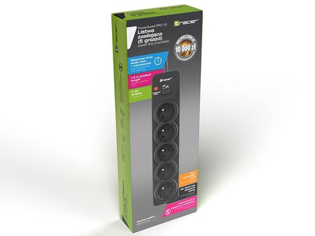 TRACER LISTWA ZASILAJĄCA POWERGUARD PRO 1.8M (5 GNIAZD, 1 WŁĄCZNIK) CZARNA