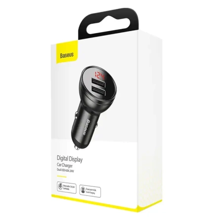 Ładowarka samochodowa BASEUS 24W 2x USB z wyświetlaczem (szara)