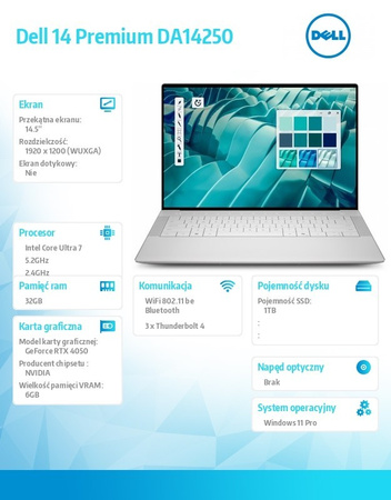 DELL LAPTOP DELL 14 PREMIUM DA14250 WIN11PRO U7-255HX|32GB|1TB SSD|NVIDIA RTX 4050 |WLAN + BT|14.5 FHD|BACKLIT KB|6 CELL|100W