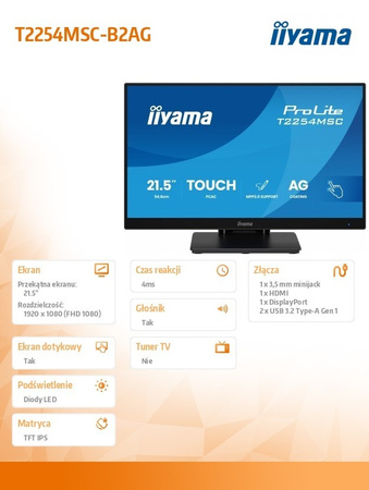 IIYAMA MONITOR 24 CALE T2254MSC-B2AG  POJ.10PKT.IPS,POWŁOKA AG, 300CD, FHD,  HDMI,DP,2XUSB,7H