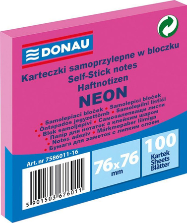 KARTECZKI SAMOPRZYLEPNE 76X76MM DONAU NEON RÓŻOWE 100KART