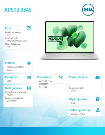 DELL NOTEBOOK XPS 13 9345 WIN11PRO XELITE12C/16GB/512GB SSD/13.4 FHD+ ANTIGLARE/UMA GPU/FGRPR/FHD/IR CAM/MIC/WLAN + BT/BACKLIT KB/3 CELL/3Y PROSUPPORT