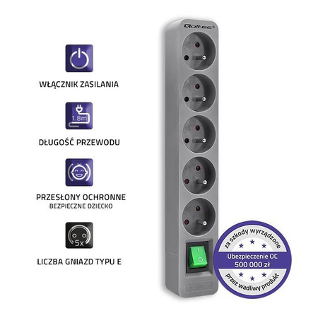 QOLTEC LISTWA ZASILAJĄCA | 5 GNIAZD | 1.8M | SZARA