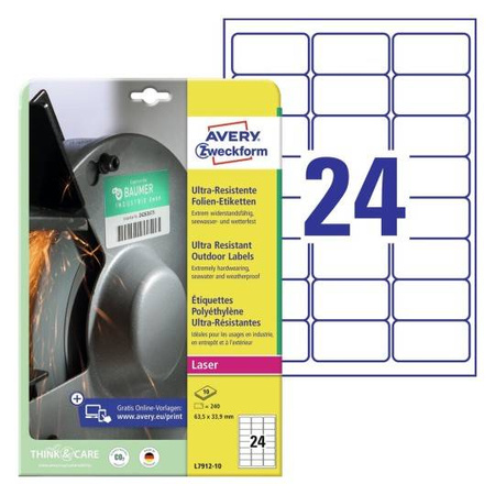ETYKIETY SAMOPRZYLEPNE 63.5X33.9MM AVERY ZWECKFORM ULTRA RESISTANT L7912-10 BIAŁE 10ARK*24SZT