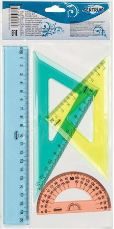 KOMPLET GEOMETRYCZNY LINIJKA 20CM EKIERKA*2 CENTRUM 80746 KĄTOMIERZ Z LINIJKĄ
