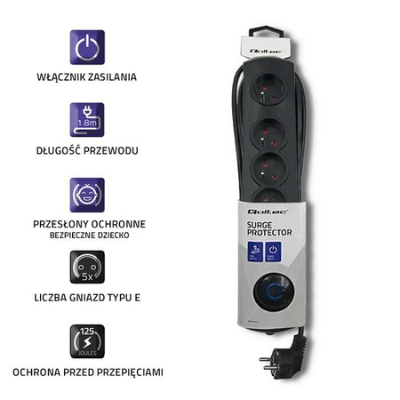 QOLTEC LISTWA ANTYPRZEPIĘCIOWA 5 GNIAZD | 1.8M | CZARNA