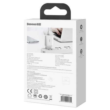 ŁADOWARKA SIECIOWA BASEUS SPEED MINI QUICK CHARGER, USB-C, PD, 3A, 20W (BIAŁA)