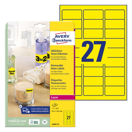ETYKIETY SAMOPRZYLEPNE 63.5X29.6MM DO OZNACZANIA AVERY ZWECKFORM USUWALNE L6004-25 ŻÓŁTE NEONY 25ARK*27SZT