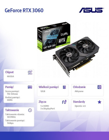 ASUS KARTA GRAFICZNA GEFORCE RTX 3060 DUAL OC V2 12GB GDDR6 192BIT 3DP/HDMI