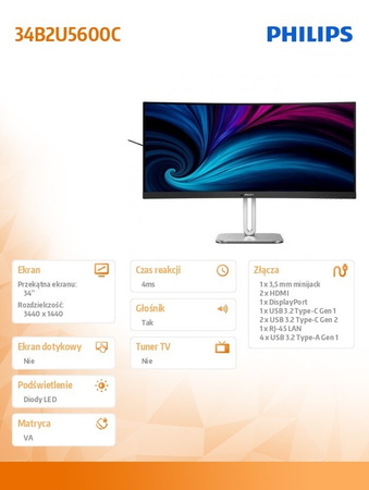 PHILIPS MONITOR 34B2U5600C 34 CALE CURVED VA HDMIX2 DP HAS USB-C GŁOŚNIKI