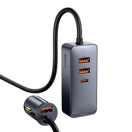 Ładowarka samochodowa Baseus Share Together z przedłużaczem, 3x USB, USB-C, 120W (szara)