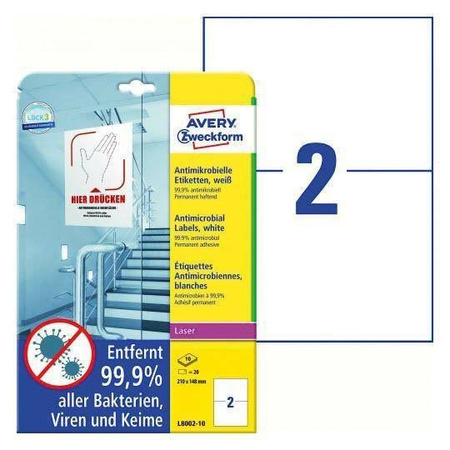 Folie samoprzylepne 210x148mm antywirusowe i antybakteryjne AVERY ZWECKFORM trwała L8002-10 białe 10ark*2szt
