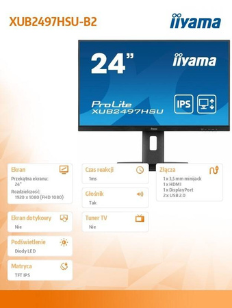 IIYAMA MONITOR 24 CALE XUB2497HSU-B2 IPS, HDMI, DP, 2X2W, 2XUSB, PIVOT, HAS(150MM)