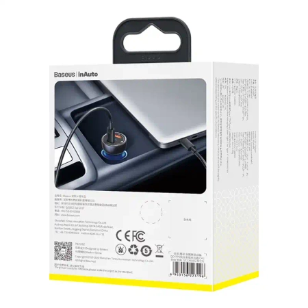 Ładowarka samochodowa Baseus Particular Digital Display z wyświetlaczem, USB + USB-C, QC3.0+PD, 5A, 65W (szara) + kabel USB-C 1m 100W (czarny)