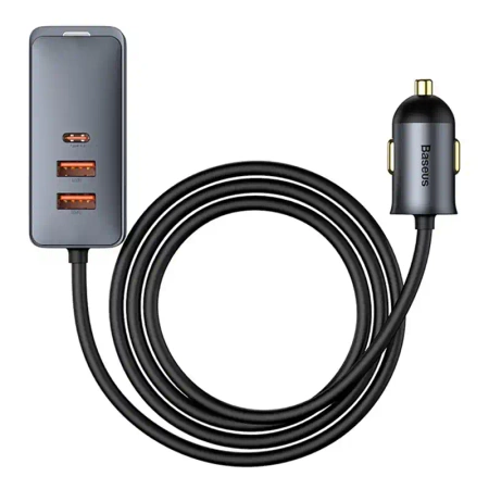 Ładowarka samochodowa Baseus Share Together z przedłużaczem, 2x USB, 2x USB-C, 120W (szara)