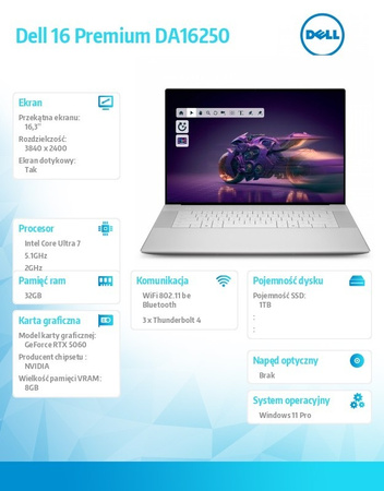 DELL LAPTOP DELL 16 PREMIUM DA16250 WIN11PRO U7-255H|32GB|1TB SSD|NVIDIA GEFORCE RTX 5060, 8GB GDDR7|WLAN + BT|16.3 OLED TOUCH|BACKLIT KB|6 CELL