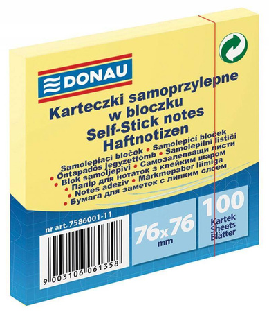 KARTECZKI SAMOPRZYLEPNE 76X76MM DONAU JASNO ŻÓŁTE 100KART