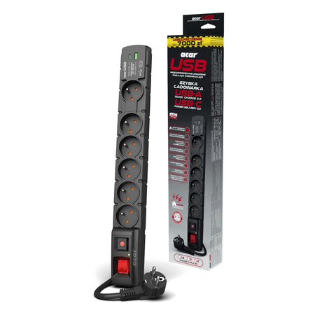 LISTWA ZASILAJĄCA 6 GNIAZD 5 M ACAR S6 USB A+C W2438 CZARNA