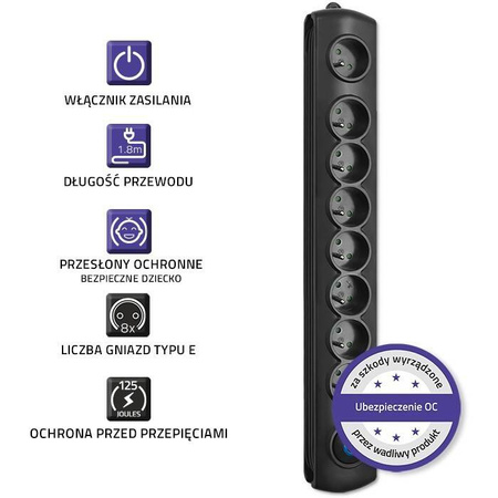 QOLTEC LISTWA ANTYPRZEPIĘCIOWA | 8 GNIAZD | 1,8M