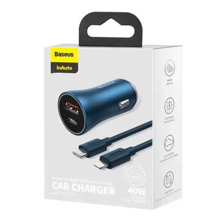 Ładowarka samochodowa BASEUS Golden Contactor Pro 40W USB+USB-C + kabel USB-C-Lightning 1m (niebieska)