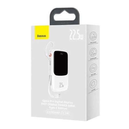 Powerbank Baseus Qpow Pro z kablem USB-C, USB-C, USB, 10000mAh, 22.5W (biały)